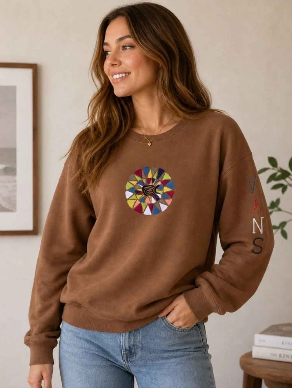 Vans Brown Crewneck with Multicolor Circular Graphic - Picture 1 of 7